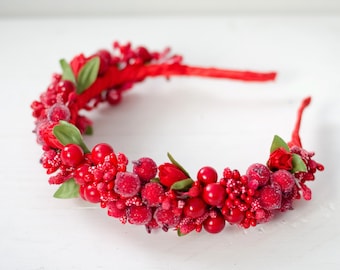 Red berry crown  / red tulip flower crown / Vinok / ukrainian accessory / wedding crown / flower girl / bride headpiece / fabric flowers