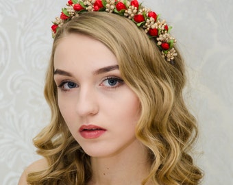 Gold flower crown / Red Gold Tulips Headband / Flower crown / Florar Headbband / Festival headpiece