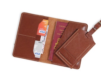Traveller's Set of Leather Passport Holder and Leather Luggage Tag Leather Passport Cover with Card Holders Travel Document Wallet