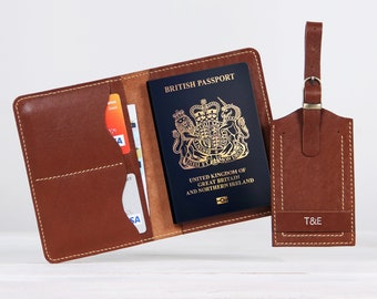 Juego de funda para pasaporte y etiqueta para equipaje de piel: Cartera de viaje personalizada
