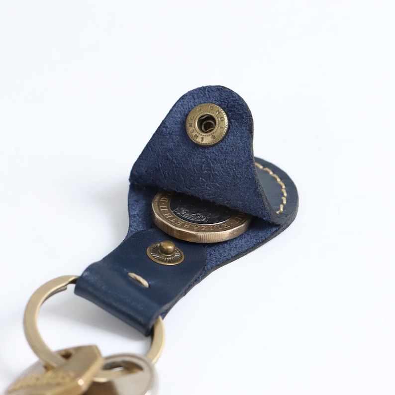 Handmade Real Leather Coin Holder Key Ring One Pound/Euro Key Fob For Shopping Trolley image 1