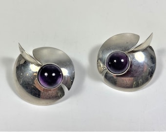 Modernist sterling Amethyst earrings, handmade pierced earrings