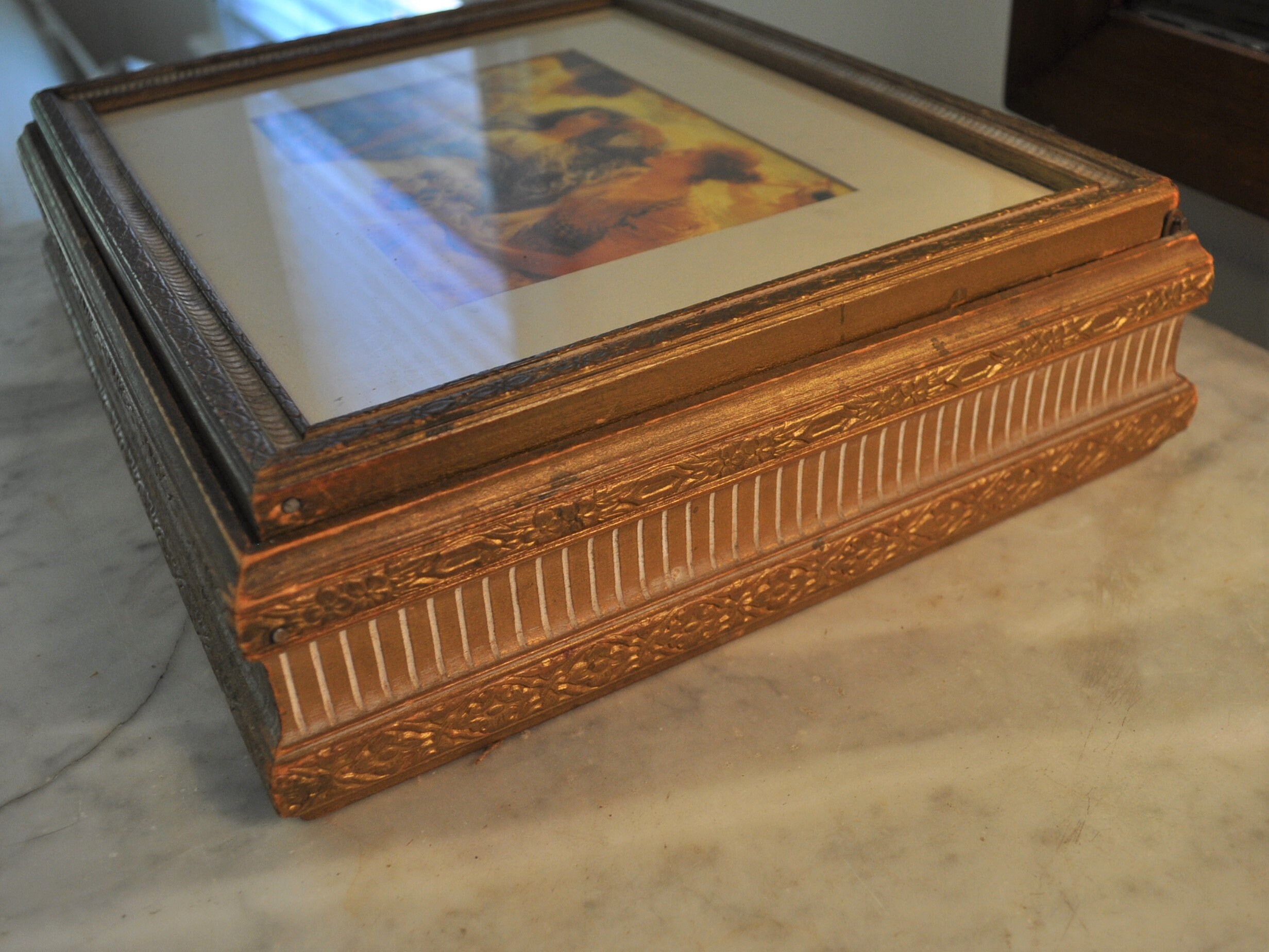 Gilt wood jewelry box glass top with picture Etsy