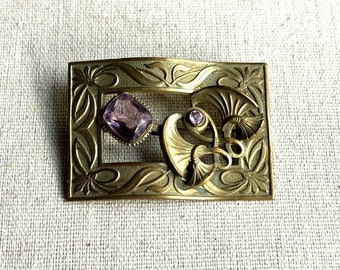 Art Nouveau brass Amethyst glass sash pin
