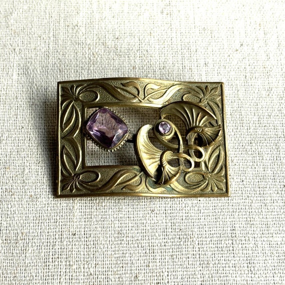 Art Nouveau brass Amethyst glass sash pin