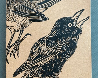 Handprinted linocut linoprinted kraft paper A6 notebook notepads british garden birds wildlife nature drawing illustration