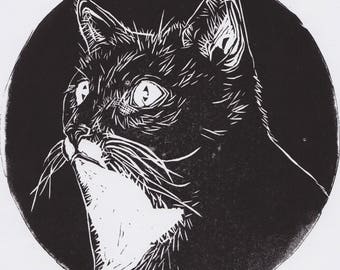 King of Cats cat linoprint feline linocut print printmaking limited edition portrait drawing illustration monochrome linework art