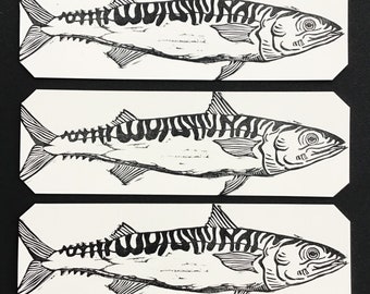 Marcapáginas acuático con forma de caballa, accesorio para libros, grabado en linóleo, ideal para ratones de biblioteca. Regalo artístico asequible. Papelería impresa.