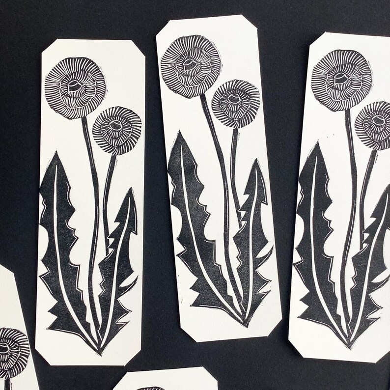Dandelion Linocut Linoprinted Bookmark Nature Weed Foliage Handprinted