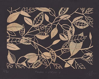 Foliage metallic gold ink on black paper leaves botanical illustrative linocut linoprint affordable art print gift surface pattern design