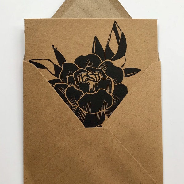 Peony plant flower plant botanical nature linocut handprinted greetings brown kraft square card linoprint art gift for him for her