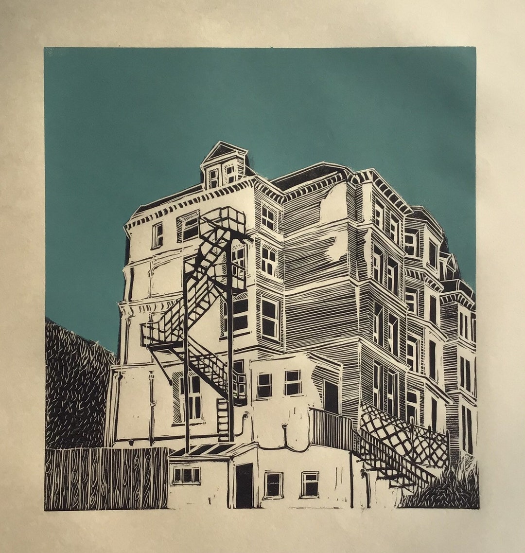 Eastbourne Linocut Linoprint Building Cityscape Illustration Drawing