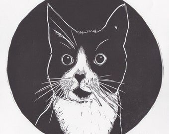 Betsy black and white tuxedo cat portrait linocut linoprint drawing illustration print printmaking pet portrait limited edition cat head