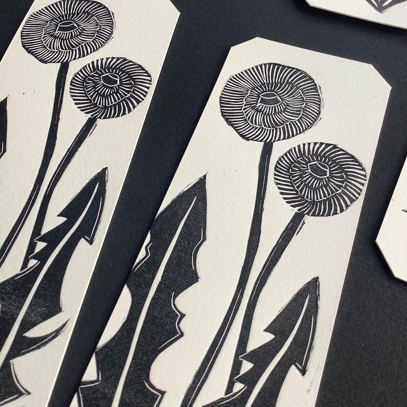 Dandelion Linocut Linoprinted Bookmark Nature Weed Foliage Handprinted