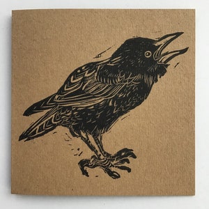 Spreeuw linoprint Britse tuinvogel kraft handgedrukte wenskaart linosnede vogel kijken illustratie tekening wildlife natuur