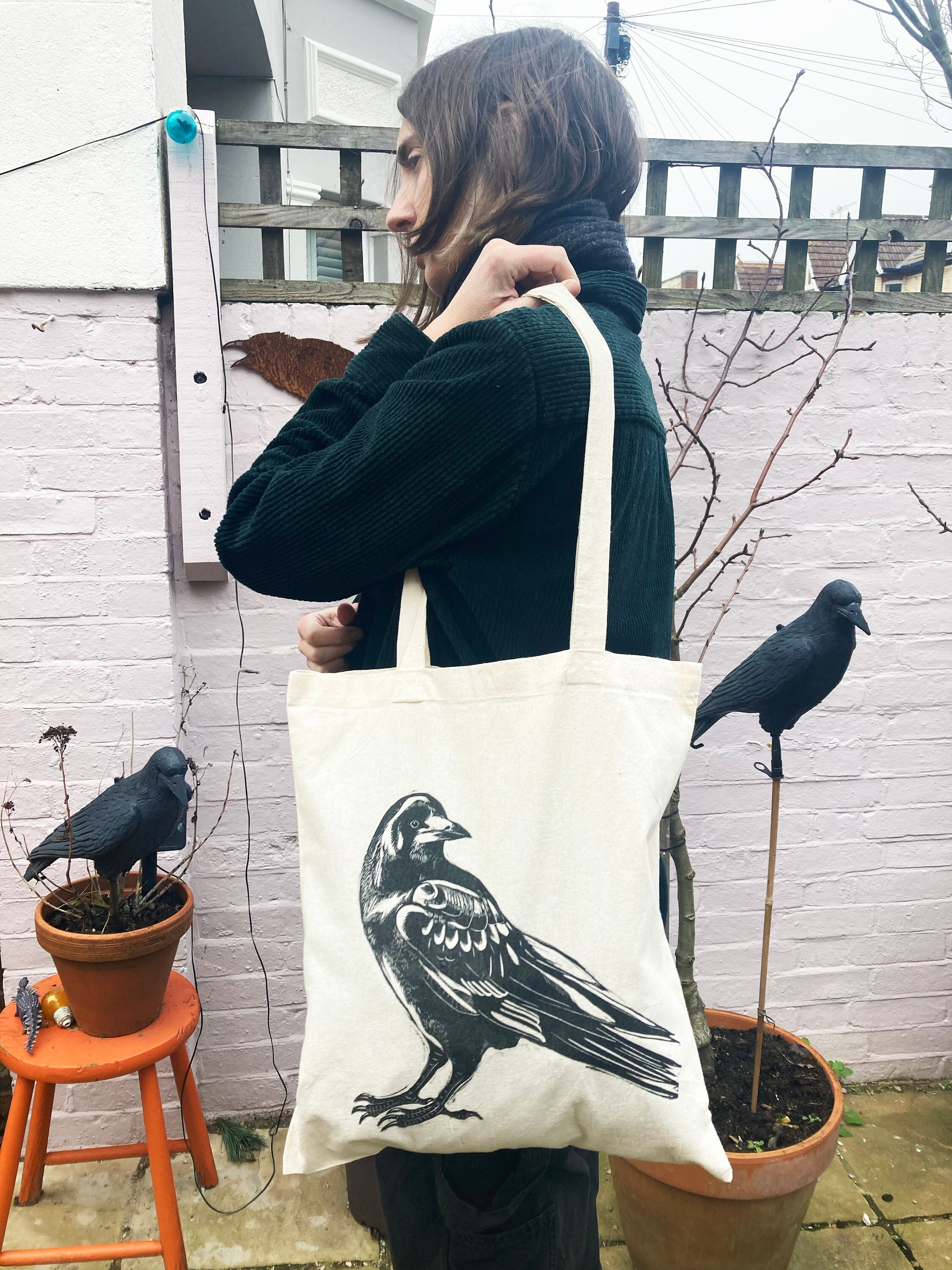 Rook Corvid Crow Bird Natural Cotton Canvas Shopper Tote Bag Black 