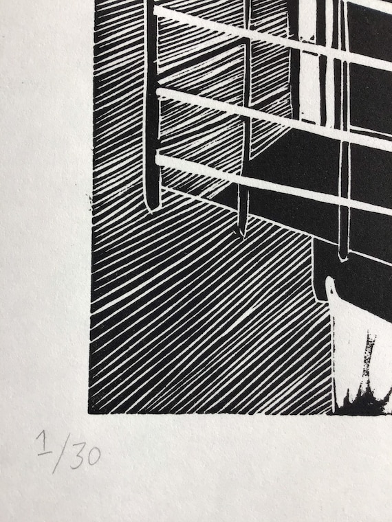 Tokyo Japan Fire Escape Linocut Linoprint Urban Landscape