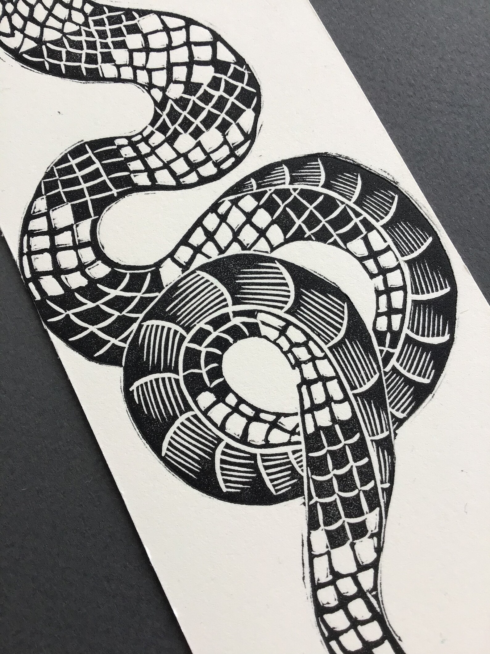 Snake Linocut Linoprinted Bookmark Traditional Tattoo Handprinted Black