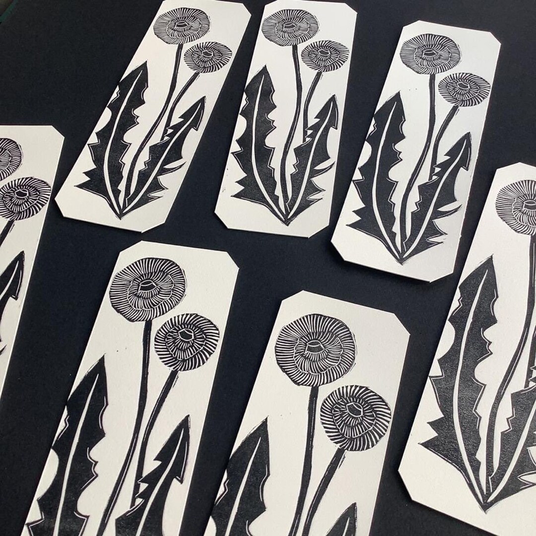 Dandelion Linocut Linoprinted Bookmark Nature Weed Foliage Handprinted