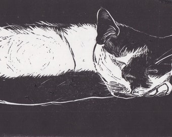 Sleeping Cat linocut linoprint printmaking drawing illustration feline limited edition affordable fine art gift print black and white