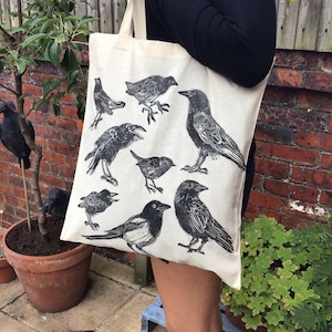 Linoprinted natural cotton canvas shopper tote bag crow raven jackdaw magpie starling robin linocut block relief print bird birds wildlife