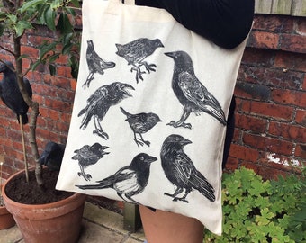 Natur Baumwollcanvas Shopper Tote Bag Krähe Rabe Dohle Elster Star Rotkehlchen Linoldruck Reliefdruck Vogel Vögel Natur