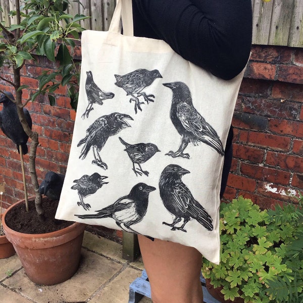 Linoprinted natural cotton canvas shopper tote bag crow raven jackdaw magpie starling robin linocut block relief print bird birds wildlife