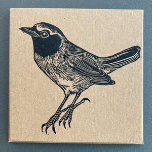 Grive rougequeue du vieux monde attrape-mouches oiseau linogravure carte de voeux kraft papier à lettres respectueux de l'environnement imprimé à la main