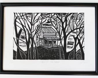 Cabin in the Woods woodcut print trees woodland forest landcape printmaking nature black and white relief print branches gothic mysterious