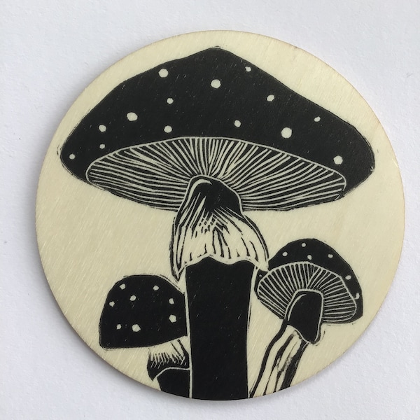 Mushroom toadstool funghi fungus vegetable linocut linoprint wooden plywood coaster plaque handprinted gift homeware