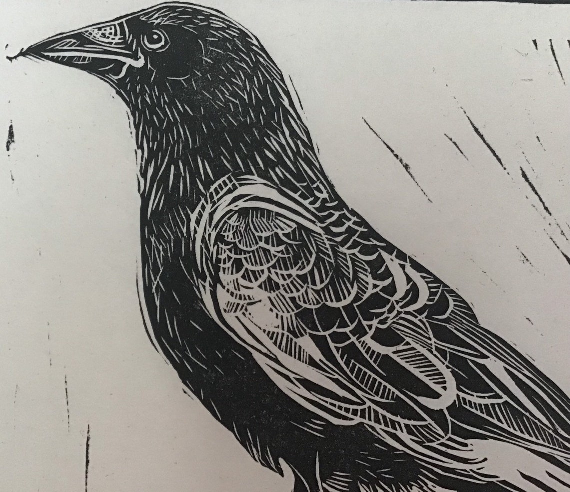 Crow Linocut Corvid Bird Linoprint Monochrome Black and White - Etsy