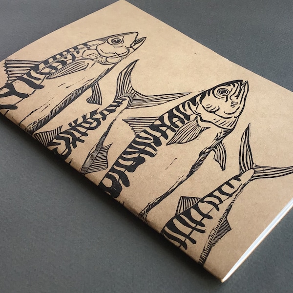 Mackerel aquatic pelagic fish wrap around linocut linoprinted Kraft manilla notebook sketchbook block print stationery handprinted