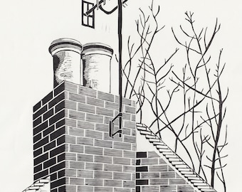 No Smoke chimney stacks tv aerial bricks winter trees climate modern home architectural black and white linear art linocut linoprint