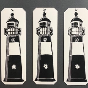 Segnalibro faro linoleografato linoleografia stampata a mano tema mare porto architettura balneare bianco e nero arte regalo