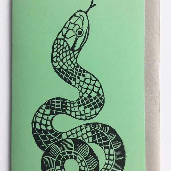 Snake traditional tattoo inspired linocut linoprinted card eco Kraft mint green black and white illustrative reptile lover exotic pet