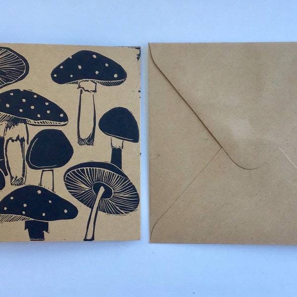 Mushroom toadstool funghi fungus linocut linoprint kraft square greetings card gift printmaking drawing illustration for him for her
