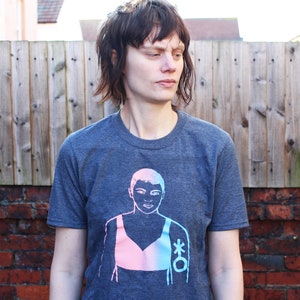Human screenprinted heather grey T-shirt blue pink ink gender identity non binary queer political feminist alternative affordable clothing