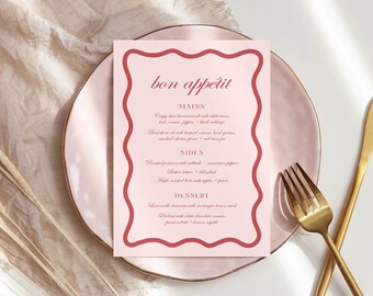 Wavy Border Pink Wedding Menu Card, 100% Recycled, Bridal Shower Place Setting, Birthday Menu Card, Printed Card or Digital Template