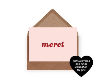 Simple Merci Card | A6 Size | 100% Recycled | Funds Girls Education | Minimalist Thank You Card | Wedding Thank You Card