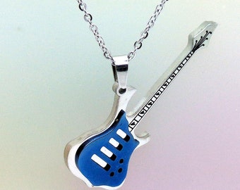 May include: A silver chain necklace with a blue electric guitar pendant. The guitar has a black outline and white fret lines.