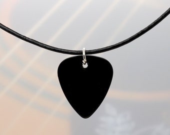 Plain Black Guitar Pick On Leather Thong Necklace Choice of Length