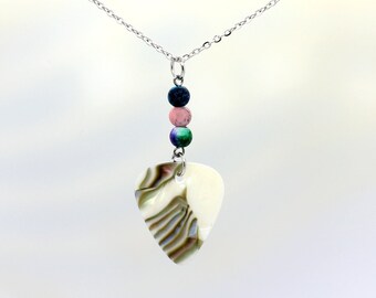 Abalone Guitar Pick With Beads On 20" Stainless Steel Chain Necklace