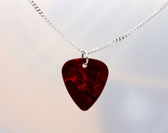 Red Celluloid Guitar Pick On Silver Stainless Steel Chain Necklace