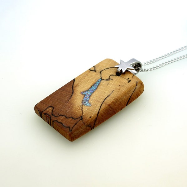Spalted Beech Wood Pendant With Opal Inlay On Stainless Steel Chain Necklace