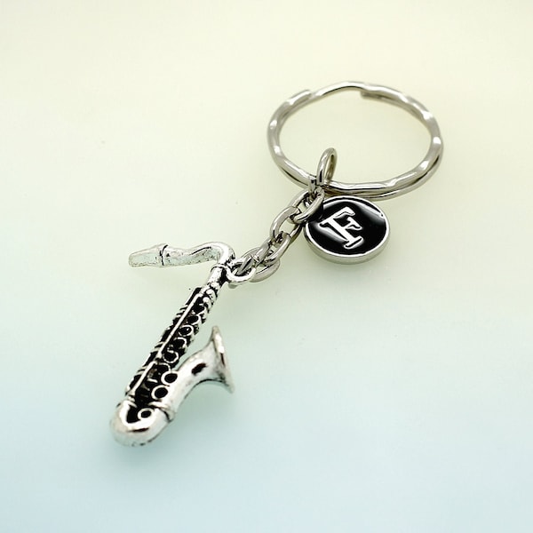 Personalised Silver Sax Saxophone Keyring With Black Enamel Initial