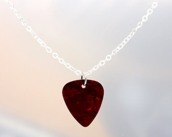 Red Guitar Pick On Silver Brass Metal Chain Necklace