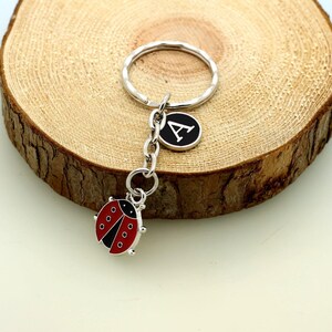 May include: A silver keyring with a red and black ladybug charm and a silver charm with the letter A on a black background.