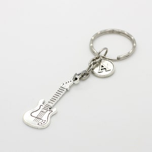 Personalised Electric Bass Guitar Keyring With Initial Silver