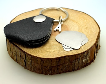 Guitar Pick Keyring Holder Pouch Personalised With Initial And Three Stainless Steel Plectrums