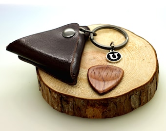 Solid Wood Plectrum & Dark Brown Personalised Guitar Pick Keyring Holder Pouch With Black Initial
